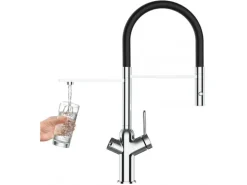 VIZIO 3 Wege Wasserhahn Küchenarmatur BOD mit 360° Schwenkbarem Auslauf Abnehmbare 2 Strahl Handbrause Verchromt Schwarz