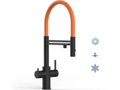 VIZIO 5 Wege Wasserhahn Küchenarmatur Edelstahl Massiv mit 360° Schwenkbarem Auslauf Abnehmbare 2 Strahl Handbrause PVD Schwarz Matt   Orange