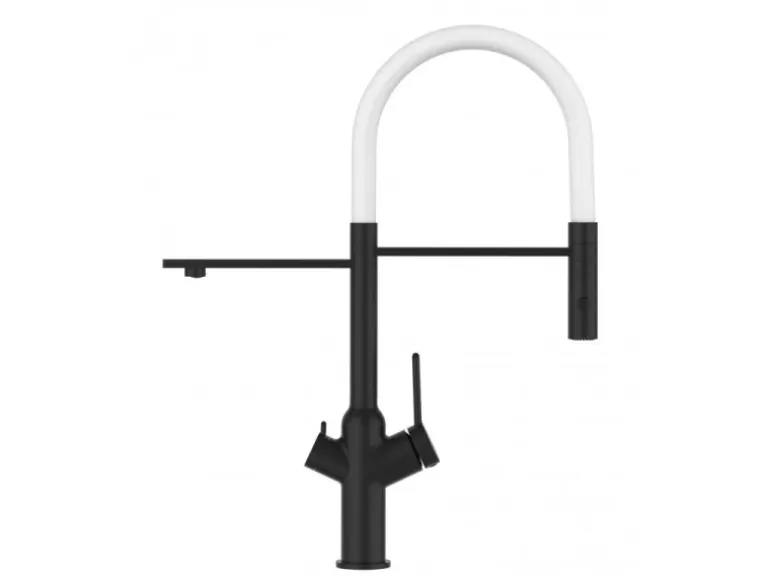 VIZIO 3 Wege Wasserhahn Küchenarmatur BOD mit 360° Schwenkbarem Auslauf Abnehmbare 2 Strahl Handbrause Schwarz Matt Weiß