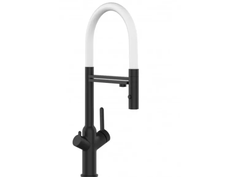 VIZIO 3 Wege Wasserhahn Küchenarmatur BOD mit 360° Schwenkbarem Auslauf Abnehmbare 2 Strahl Handbrause Schwarz Matt Weiß