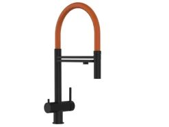 VIZIO 3 Wege Wasserhahn Küchenarmatur Edelstahl Massiv mit 360° Schwenkbarem Auslauf und Abnehmbare 2 Strahl Handbrause PVD Schwarz Matt Orange