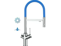 VIZIO 4 Wege Wasserhahn Küchenarmatur BOD mit 360° Schwenkbarem Auslauf Abnehmbare 2 Strahl Handbrause Verchromt   Blau