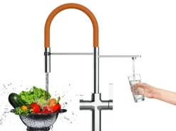 VIZIO 3 Wege Wasserhahn Küchenarmatur FC mit 360° Schwenkbarem Auslauf Abnehmbare 2 Strahl Handbrause Verchromt   Orange