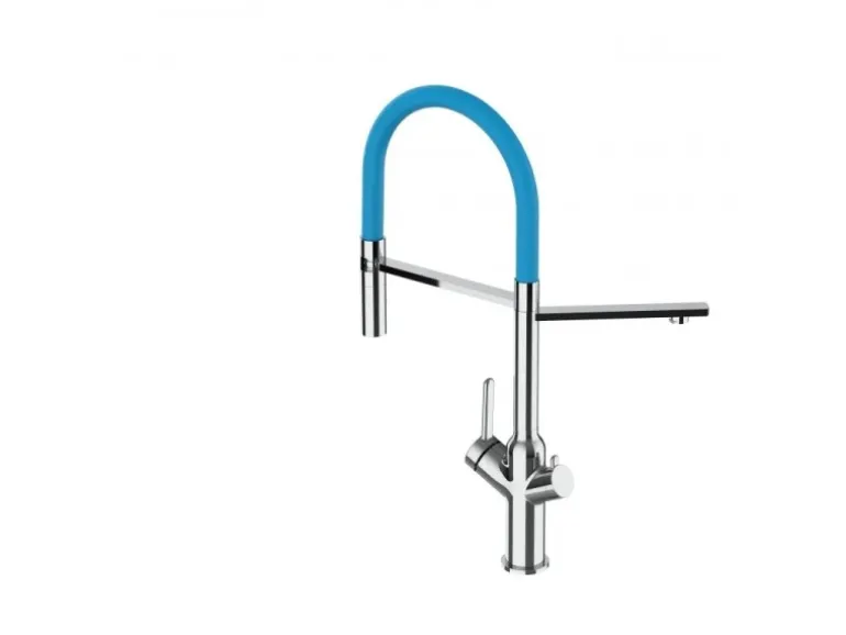 VIZIO 3 Wege Wasserhahn Küchenarmatur BOD mit 360° Schwenkbarem Auslauf Abnehmbare 2 Strahl Handbrause Verchromt Hellblau