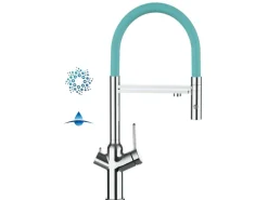 VIZIO 4 Wege Wasserhahn Küchenarmatur BOD mit 360° Schwenkbarem Auslauf Abnehmbare 2 Strahl Handbrause Verchromt   Türkis