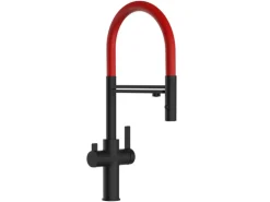 VIZIO 3 Wege Wasserhahn Küchenarmatur FC mit 360° Schwenkbarem Auslauf Abnehmbare 2 Strahl Handbrause Schwarz Matt Rot