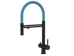 VIZIO 3 Wege Wasserhahn Küchenarmatur Edelstahl Massiv mit 360° Schwenkbarem Auslauf und Abnehmbare 2 Strahl Handbrause PVD Schwarz Matt   Hellblau