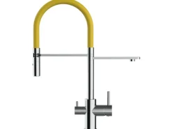 VIZIO 3 Wege Wasserhahn Küchenarmatur FL mit 360° Schwenkbarem Auslauf Abnehmbare 2 Strahl Handbrause Verchromt Gelb