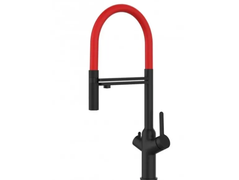 VIZIO 3 Wege Wasserhahn Küchenarmatur BOD mit 360° Schwenkbarem Auslauf Abnehmbare 2 Strahl Handbrause Schwarz Matt Rot