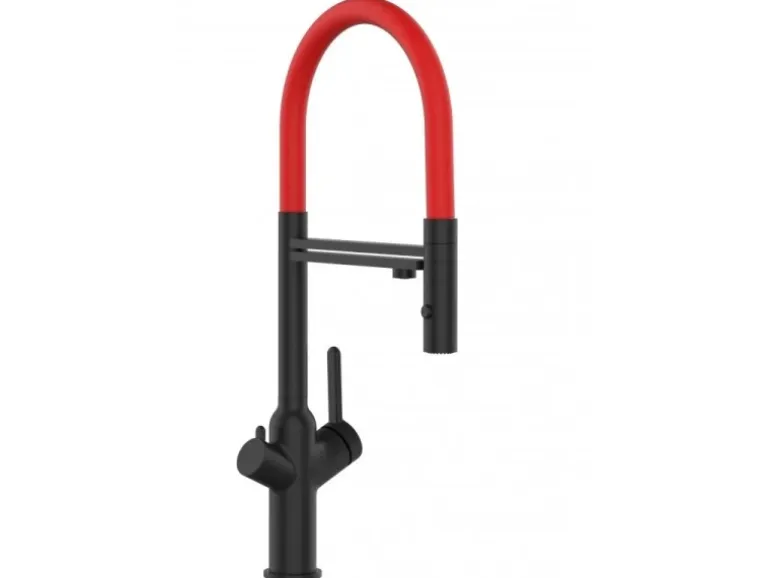 VIZIO 3 Wege Wasserhahn Küchenarmatur BOD mit 360° Schwenkbarem Auslauf Abnehmbare 2 Strahl Handbrause Schwarz Matt Rot