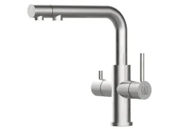 VIZIO 4 Wege Wasserhahn Küchenarmatur Edelstahl Massiv mit Schwenkbarem L Auslauf und Herausziehbarer Brause Gebürstet