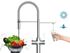 VIZIO 4 Wege Wasserhahn Küchenarmatur FC mit 360° Schwenkbarem Auslauf Abnehmbare 2 Strahl Handbrause Verchromt   Grau