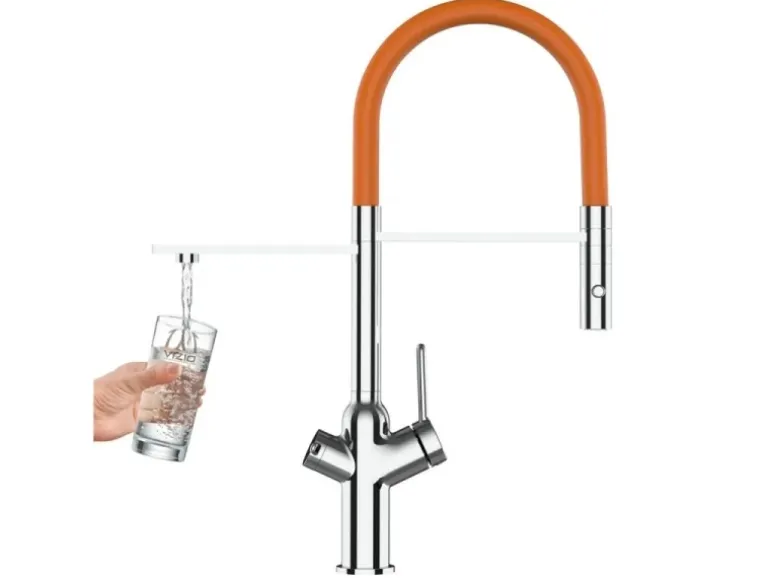VIZIO 3 Wege Wasserhahn Küchenarmatur BOD mit 360° Schwenkbarem Auslauf Abnehmbare 2 Strahl Handbrause Verchromt Orange