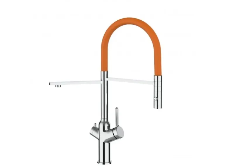 VIZIO 3 Wege Wasserhahn Küchenarmatur BOD mit 360° Schwenkbarem Auslauf Abnehmbare 2 Strahl Handbrause Verchromt Orange