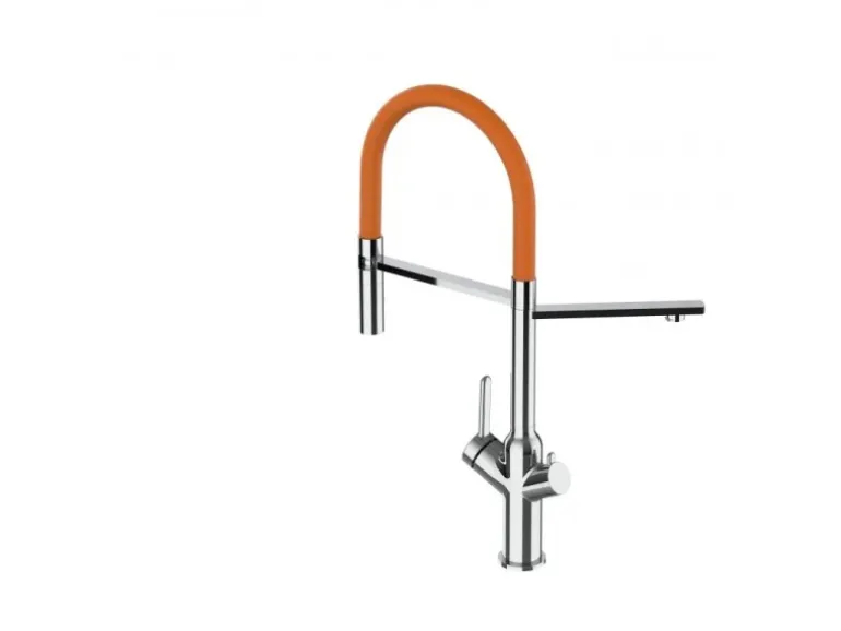 VIZIO 3 Wege Wasserhahn Küchenarmatur BOD mit 360° Schwenkbarem Auslauf Abnehmbare 2 Strahl Handbrause Verchromt Orange