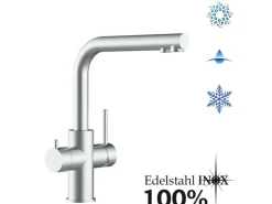 VIZIO Kurzversion   5 Wege Wasserhahn Küchenarmatur Edelstahl Massiv mit 360° Schwenkbarem L Auslauf  Gebürstet