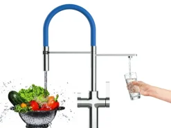 VIZIO NIEDERDRUCK 3 Wege Wasserhahn Küchenarmatur FC mit 360° Schwenkbarem Auslauf Abnehmbare 2 Strahl Handbrause Verchromt   Blau