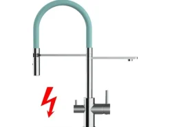 VIZIO NIEDERDRUCK 3 Wege Wasserhahn Küchenarmatur FL mit 360° Schwenkbarem Auslauf Abnehmbare 2 Strahl Handbrause Verchromt   Türkis