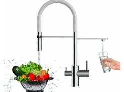 VIZIO NIEDERDRUCK 3 Wege Wasserhahn Küchenarmatur FL mit 360° Schwenkbarem Auslauf Abnehmbare 2 Strahl Handbrause Verchromt   Weiß