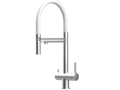 VIZIO NIEDERDRUCK 3 Wege Wasserhahn Küchenarmatur Edelstahl Massiv mit 360° Schwenkbarem Auslauf Abnehmbare 2 Strahl Handbrause Gebürstet   Weiß