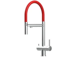 VIZIO NIEDERDRUCK 3 Wege Wasserhahn Küchenarmatur Edelstahl Massiv mit 360° Schwenkbarem Auslauf Abnehmbare 2 Strahl Handbrause Gebürstet   Rot