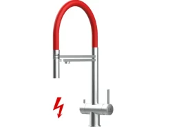 VIZIO NIEDERDRUCK 3 Wege Wasserhahn Küchenarmatur Edelstahl Massiv mit 360° Schwenkbarem Auslauf Abnehmbare 2 Strahl Handbrause Gebürstet   Rot