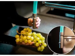 VIZIO NIEDERDRUCK 3 Wege Wasserhahn Küchenarmatur Edelstahl Massiv mit 360° Schwenkbarem Auslauf Abnehmbare 2 Strahl Handbrause Gebürstet   Rot