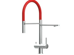 VIZIO NIEDERDRUCK 3 Wege Wasserhahn Küchenarmatur Edelstahl Massiv mit 360° Schwenkbarem Auslauf Abnehmbare 2 Strahl Handbrause Gebürstet   Rot