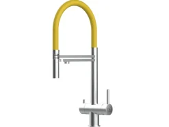 VIZIO NIEDERDRUCK 3 Wege Wasserhahn Küchenarmatur Edelstahl Massiv mit 360° Schwenkbarem Auslauf Abnehmbare 2 Strahl Handbrause Gebürstet   Gelb