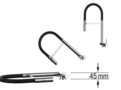 VIZIO Wasserhahn Vorfenster Küchenarmatur Umklappbar 45 CM mit 360° Schwenkbarem Auslauf Abnehmbare 2 Strahl Handbrause Chrom und Schwarz Matt