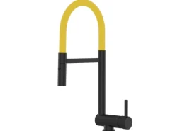 VIZIO Wasserhahn Vorfenster Küchenarmatur Umklappbar 6 CM mit 360° Schwenkbarem Auslauf Abnehmbare 2 Strahl Handbrause Schwarz Matt Gelb