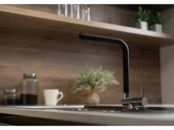 VIZIO Wasserhahn Vorfenster Küchenarmatur Umklappbar 45 CM mit 360° Schwenkbarem L Auslauf Verchromt   Schwarz Granit