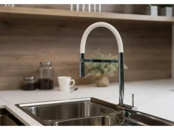 VIZIO Wasserhahn Vorfenster Küchenarmatur Umklappbar 45 CM mit 360° Schwenkbarem Auslauf Abnehmbare 2 Strahl Handbrause Verchromt   Weiß