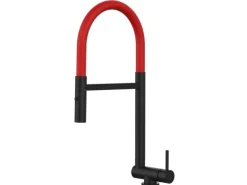 VIZIO Wasserhahn Vorfenster Küchenarmatur Umklappbar 45 CM mit 360° Schwenkbarem Auslauf Abnehmbare 2 Strahl Handbrause Schwarz Matt   Rot