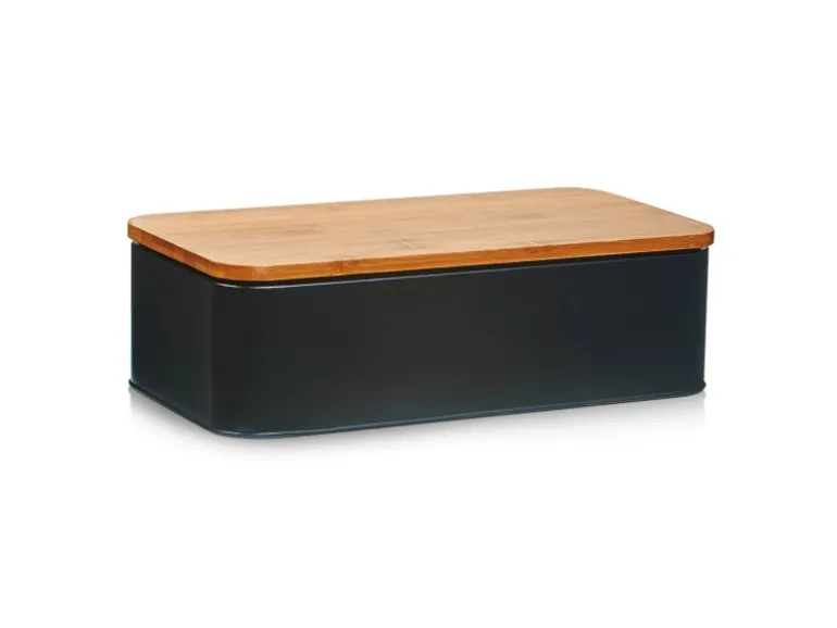 Zeller Brotkasten Metall mit Bambusdeckel 42,5 cm x 23 cm x 12,3 cm Matt Schwarz