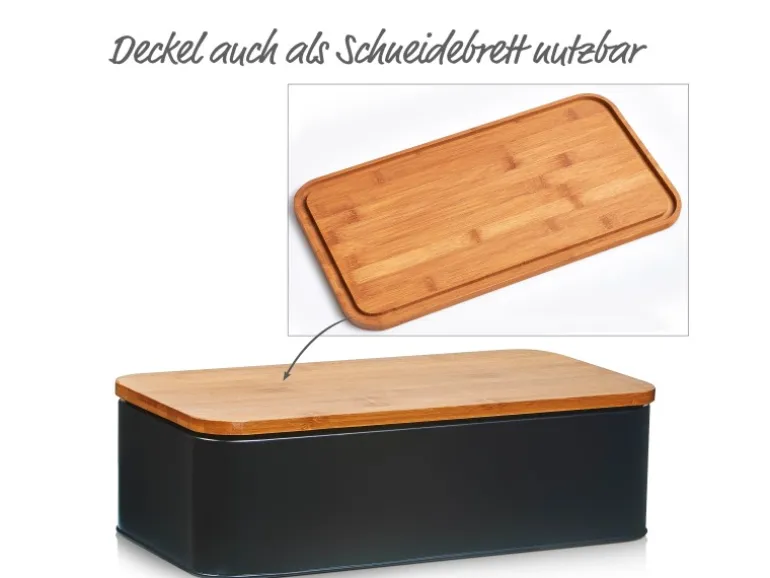 Zeller Brotkasten Metall mit Bambusdeckel 42,5 cm x 23 cm x 12,3 cm Matt Schwarz